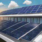 Um painel solar sendo instalado em um prédio corporativo com logotipos de financiamento e investimento ao fundo