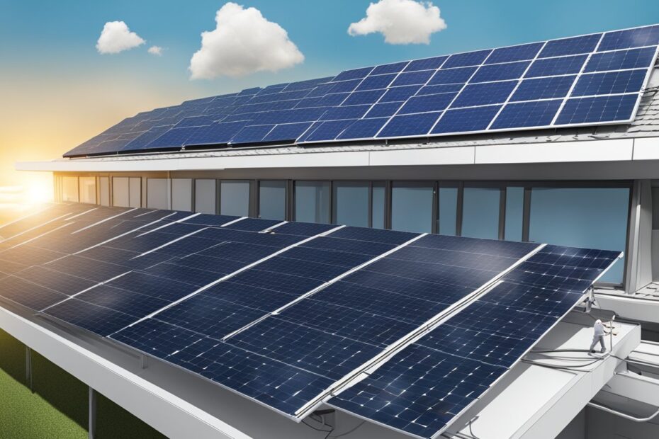 Um painel solar sendo instalado em um prédio corporativo com logotipos de financiamento e investimento ao fundo