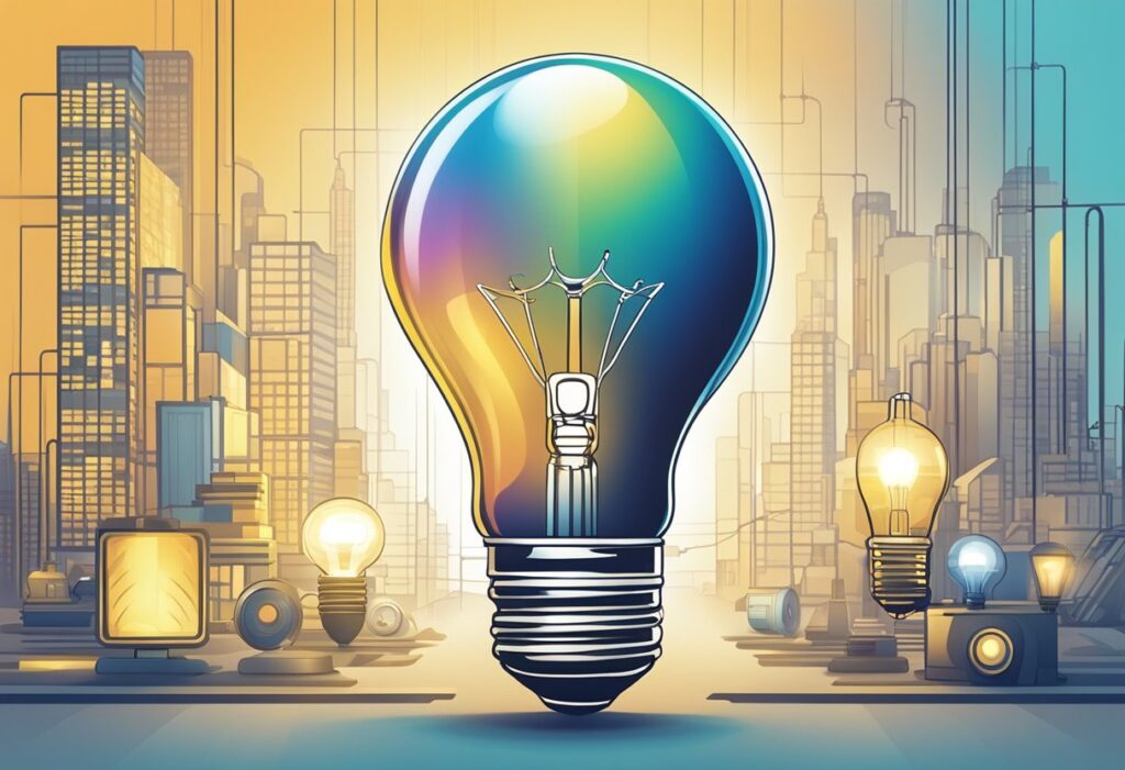 Uma lâmpada brilha intensamente enquanto outras tecnologias ficam em segundo plano, simbolizando a eficiência e a superioridade da energia elétrica