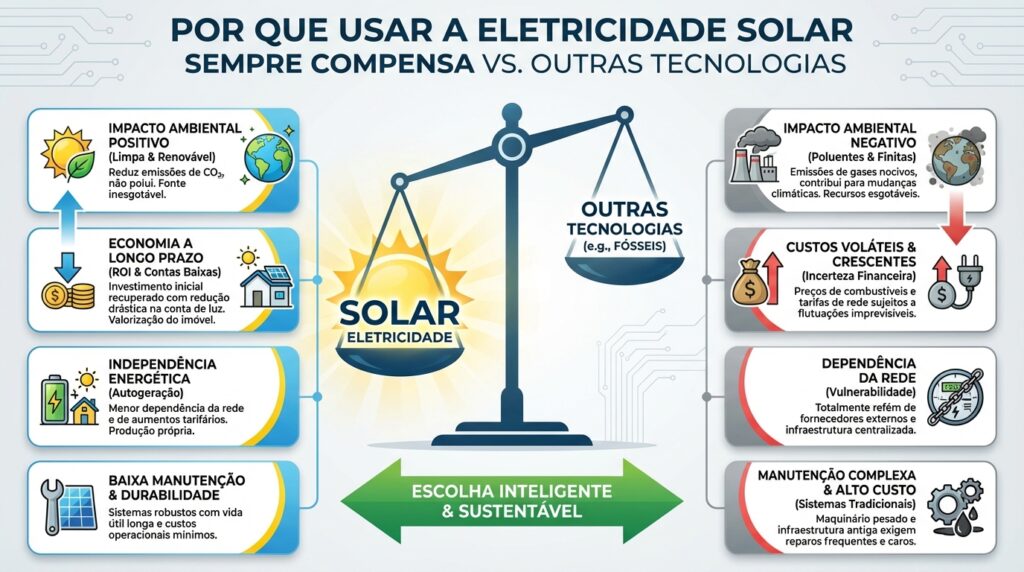 Infográfico:Por que a energia solar é uma forma inteligente de usar eletricidade?
A energia solar é uma fonte renovável que se integra perfeitamente à infraestrutura elétrica existente. Ela gera eletricidade limpa e localmente, reduzindo perdas na transmissão e proporcionando independência energética.
