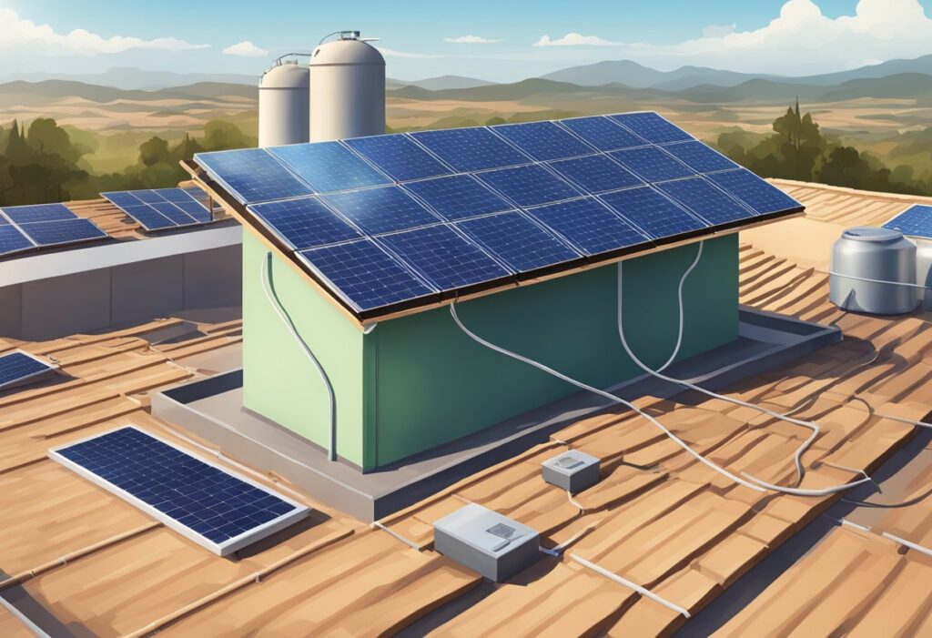 Um painel solar fica no telhado, absorvendo a luz solar. Um tanque de água próximo permanece intocado, mostrando como a energia solar economiza água