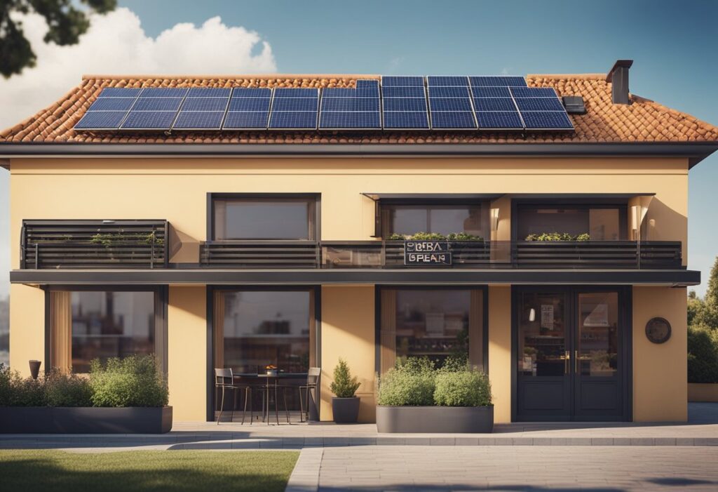 Uma pizzaria com painéis solares no telhado.
