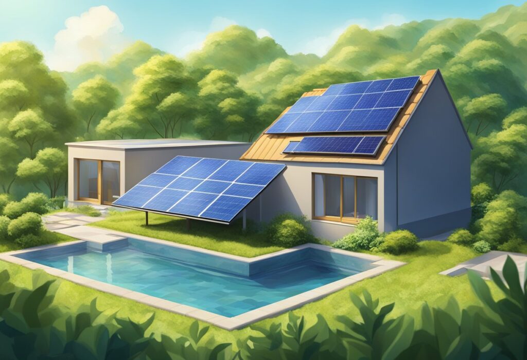 Um painel solar aproveita a luz solar, reduzindo o uso de água na produção de energia. O painel fica no topo de uma paisagem verde, com ciclos de água representados