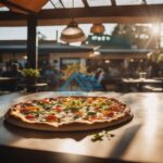 Uma pizza sobre a mesa em uma cantina ou pizzaria com a energia solar de fundo.