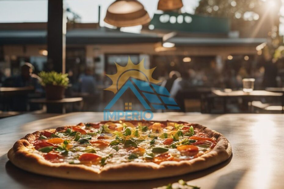 Uma pizza sobre a mesa em uma cantina ou pizzaria com a energia solar de fundo.