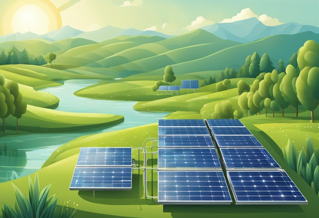 Um painel solar aproveita a luz solar, reduzindo o uso de água na produção de energia. O painel fica no topo de uma paisagem verde, com ciclos de água representados