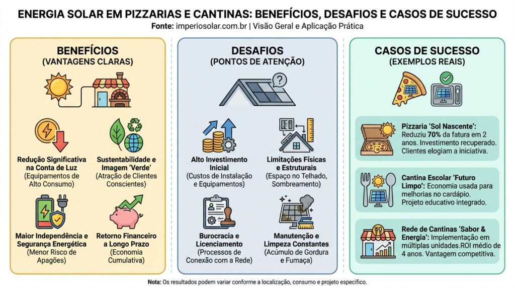 INFOGRÁFICO:
Esses estabelecimentos possuem alto consumo contínuo de energia, principalmente devido a fornos e equipamentos de refrigeração, o que maximiza a economia e o retorno do investimento solar.
