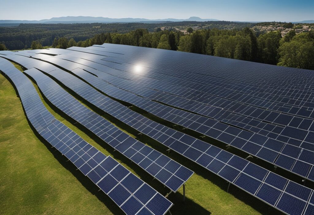 Um conjunto de painéis solares brilha sob o sol forte, alimentando edifícios próximos. A cena exala uma sensação de energia limpa e confiável para o futuro