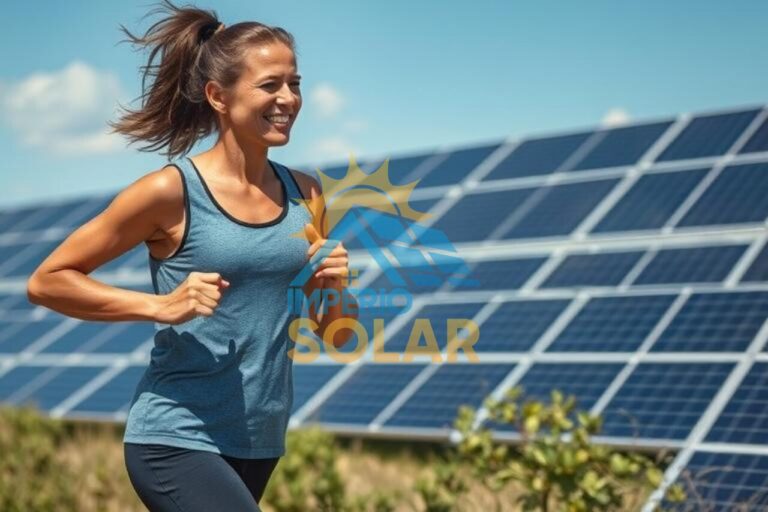 Uma pessoa com saude e correndo com um fundo de paineis solares