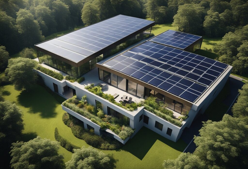 Um edifício moderno com painéis solares na cobertura, rodeado de vegetação e materiais sustentáveis