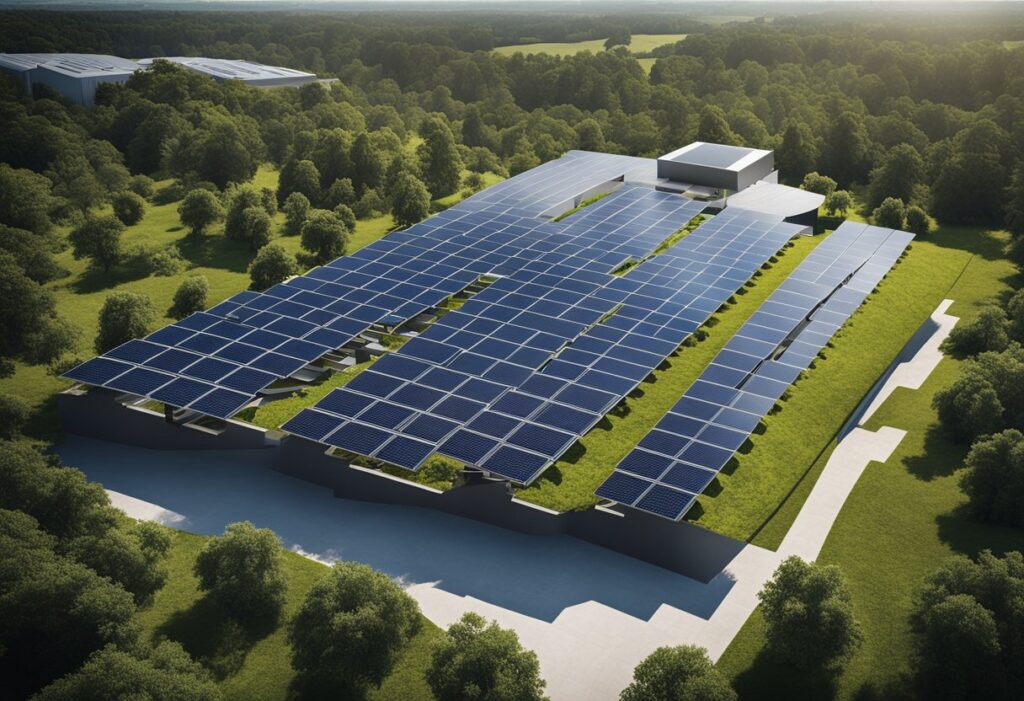 A cena retrata um edifício moderno com painéis solares na cobertura, cercado por muito verde e céu azul claro, simbolizando a construção sustentável com energia solar