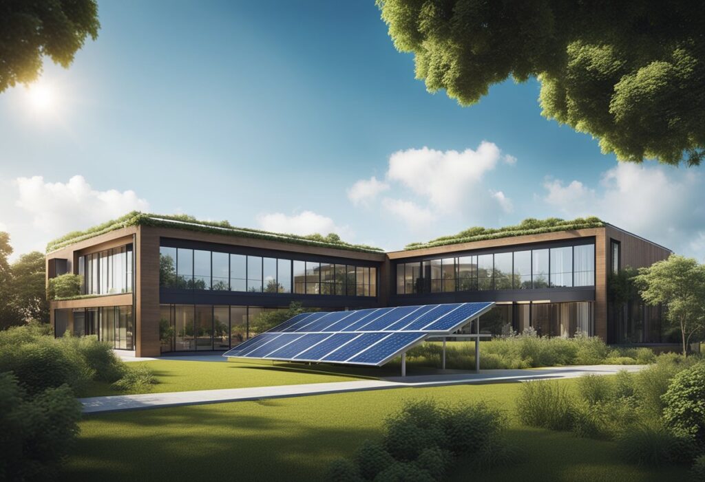 Um edifício moderno com painéis solares na cobertura, rodeado de vegetação e céu azul claro