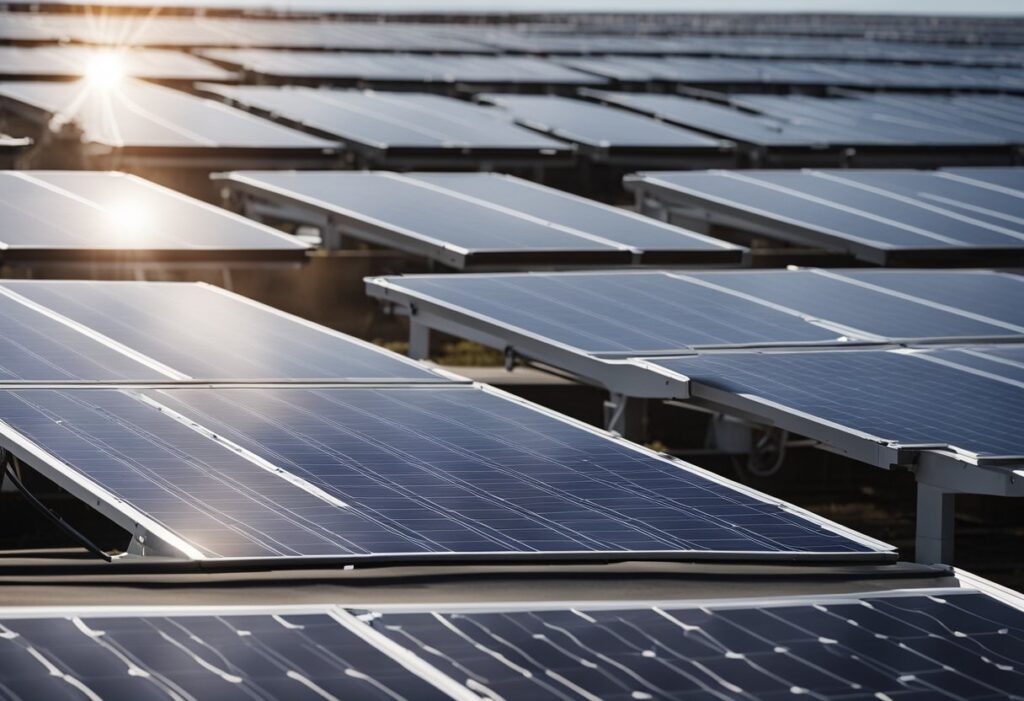 Um conjunto de painéis solares aproveitando a luz solar, gerando energia limpa e proporcionando uma oportunidade de investimento segura e lucrativa
