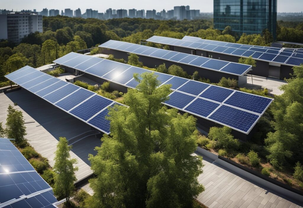 Um painel solar é instalado no telhado de um edifício moderno e ecológico, rodeado de vegetação e materiais de construção sustentáveis