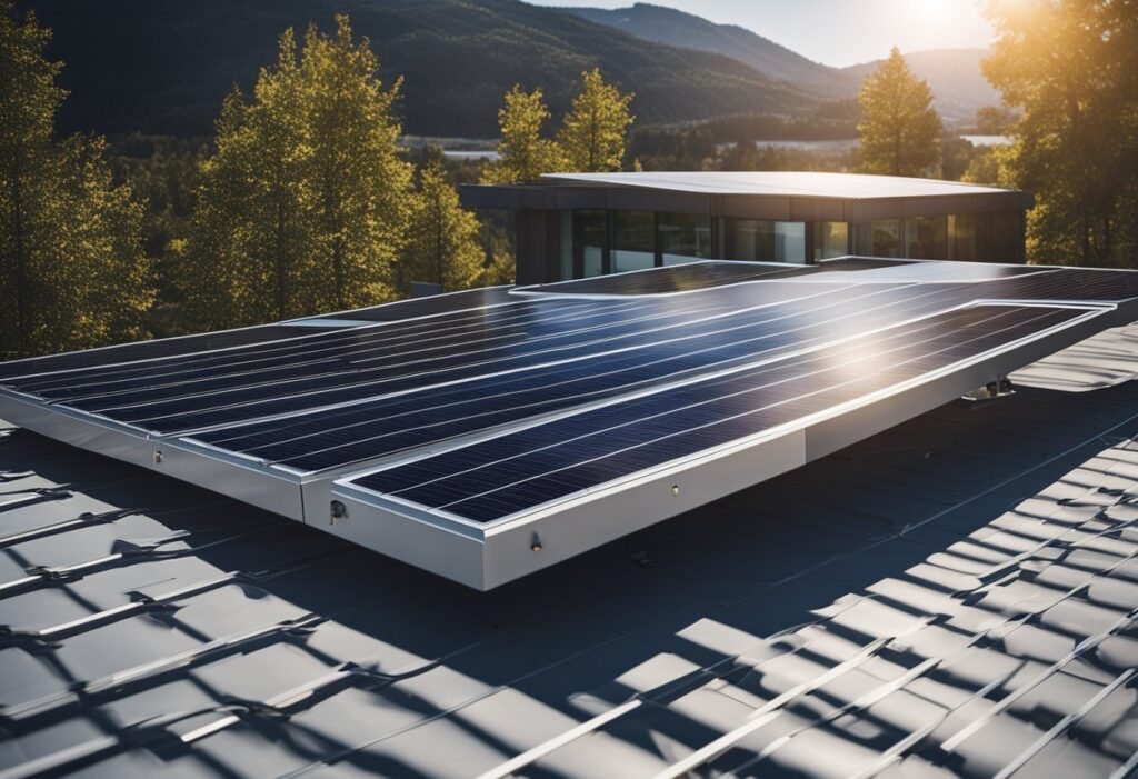 Um conjunto de painéis solares num edifício moderno e ecológico com luz solar brilhando, fornecendo energia limpa para uma construção sustentável