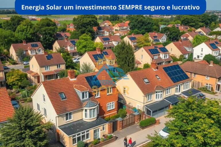 Várias casas em um grande bairro com árvores, pessoas na rua e placas solares no telhado