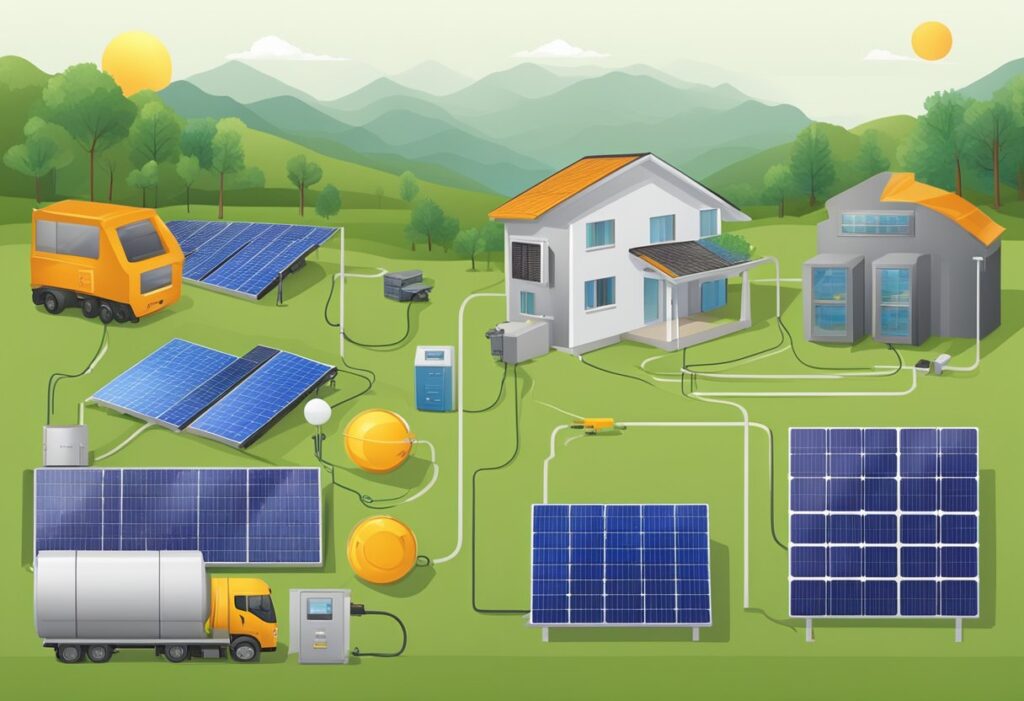 Os principais componentes do sistema Off-Grid: painéis solares, baterias e inversores. Use tecnologia de rede zero para energia fora da rede ou de backup