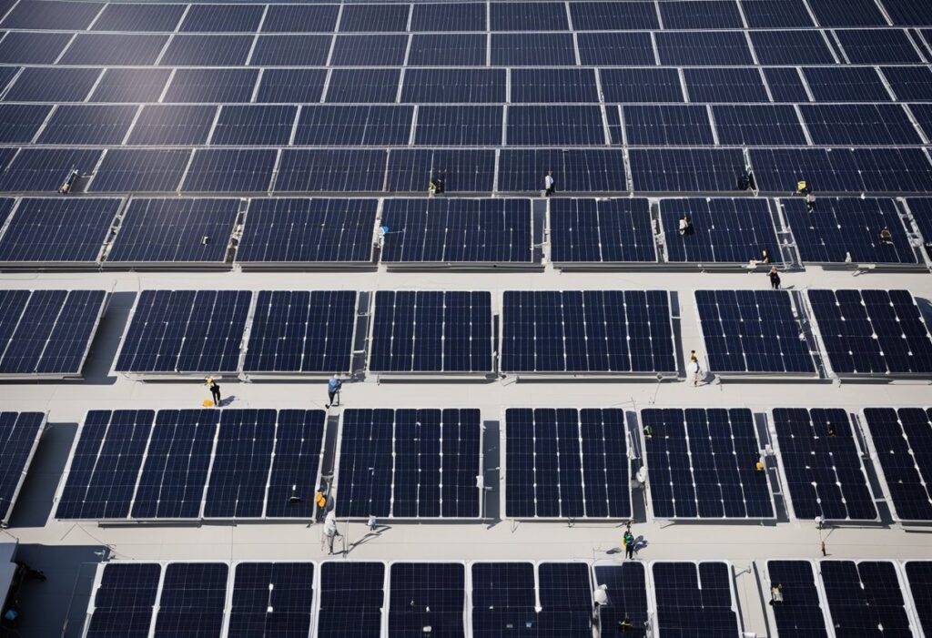 Painéis solares sendo instalados no telhado de uma academia, com trabalhadores conectando fios. Benefícios e desafios da energia solar apresentados