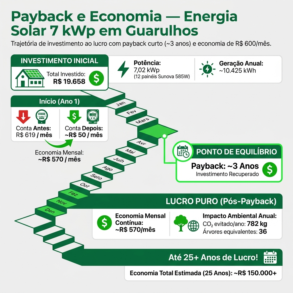 Infográfico mostrando o retorno do investimento em energia solar em Guarulhos