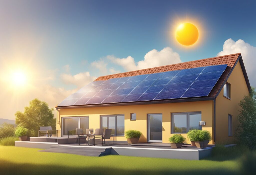 Um painel solar num telhado, ligado a um sistema de armazenamento de bateria. O sol está brilhando intensamente e a área ao redor é alimentada por energia solar