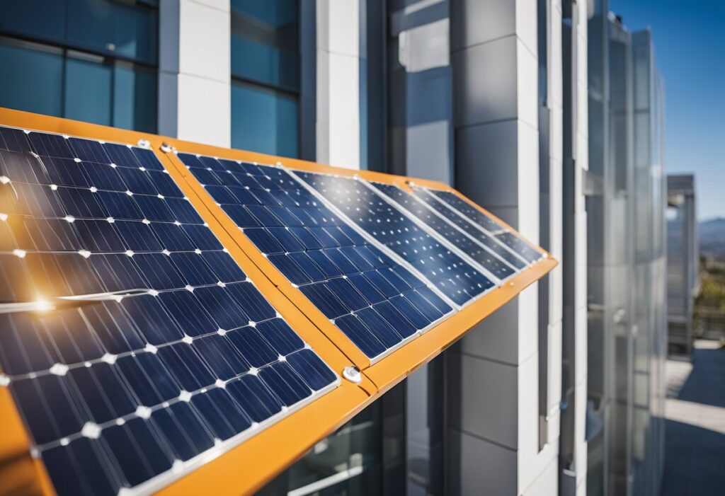 Um conjunto de painéis solares fica no topo de um edifício moderno, aproveitando a luz do sol. Perto dali, um técnico ajusta um painel de controle, otimizando a produção de energia solar em um futuro próximo.