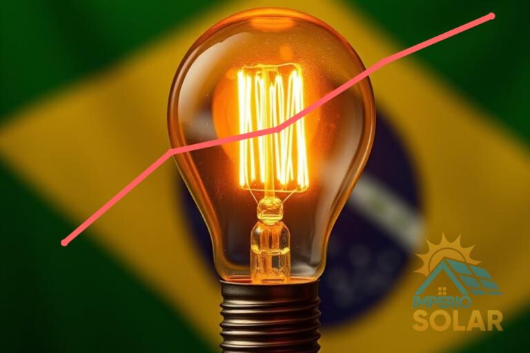 Uma lâmpada incandescente queimando com uma linha de subida e a bandeira do Brasil ao fundo