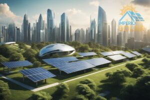 Uma paisagem ensolarada com painéis solares, horizonte da cidade e gráficos econômicos ao fundo