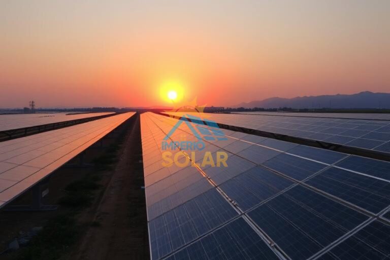 Grande fazenda de energia solar com o sol se pondo ao fundo