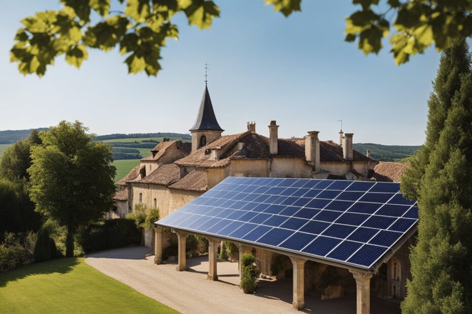 Painéis solares sob uma casa antiga na França.