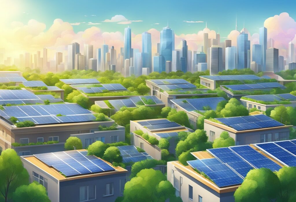 Um horizonte urbano vibrante com painéis solares em todos os telhados, cercado por vegetação exuberante e infraestrutura de energia limpa