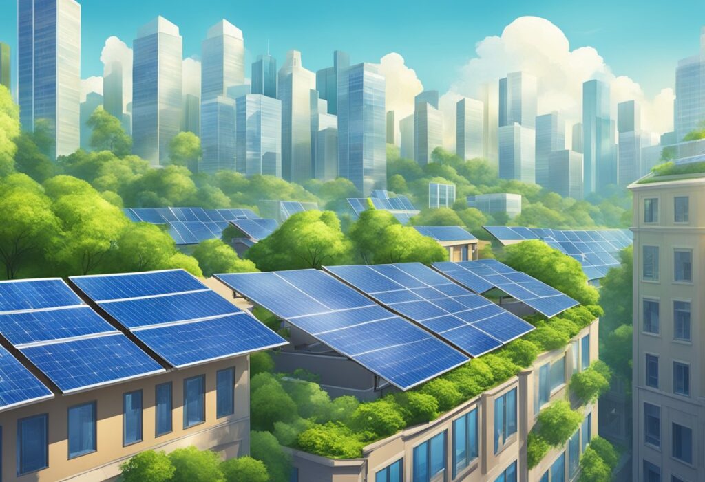 Um horizonte urbano vibrante com painéis solares adornando os telhados, cercado por uma vegetação exuberante e céu azul claros, simbolizando o potencial para uma mudança de curto prazo em direção à energia verde.