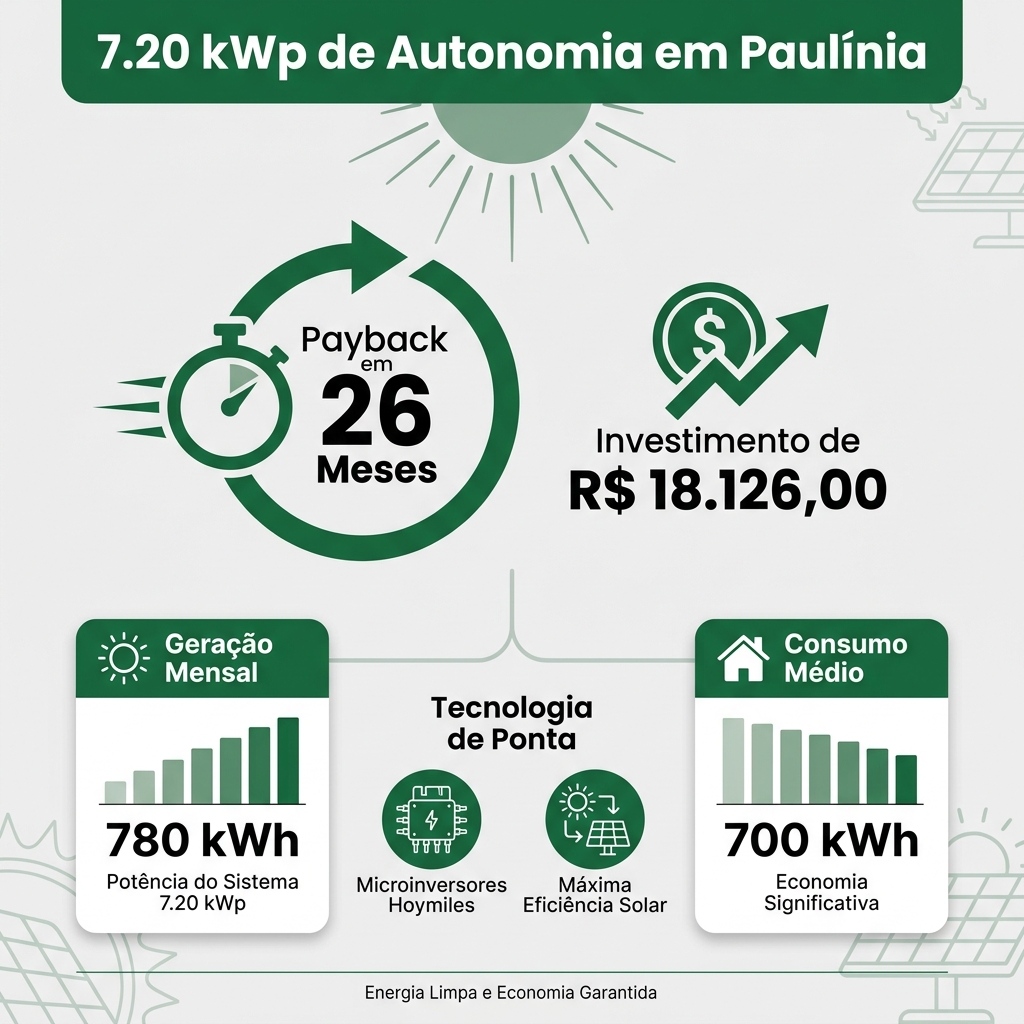 Com geração média de 780 kWh por mês e consumo histórico de 700 kWh, este sistema não apenas cobre integralmente o consumo — ele gera um excedente de 80 kWh mensais que se transforma em créditos energéticos junto à CPFL Paulista, válidos por até 60 meses.