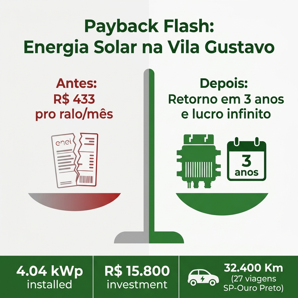 Infográfico ilustrando a economia mensal de R$ 433 e o rápido payback de 3 anos