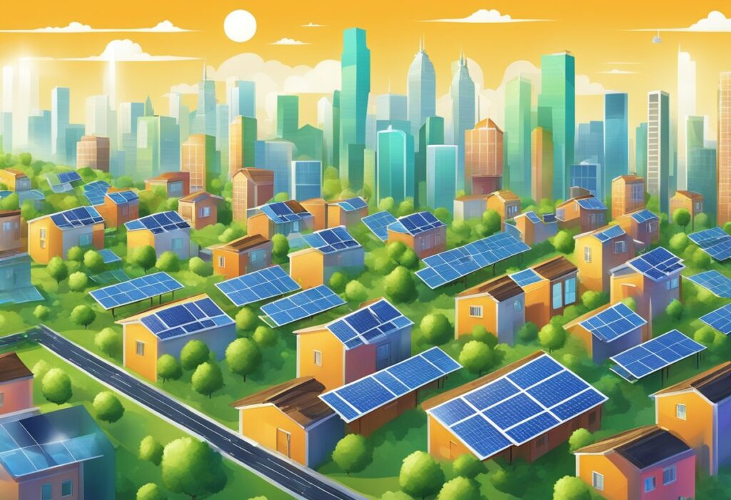 Um horizonte urbano vibrante com painéis solares cobrindo telhados e tecnologia de energia verde integrada a edifícios e infraestrutura, simbolizando o potencial da energia solar para impulsionar a economia verde.