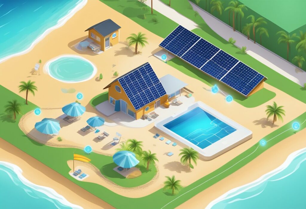 Uma praia ensolarada com painéis solares, a casa de férias vazia de uma família com as luzes apagadas, e um infográfico colorido de economia de energia exibido em um tablet.