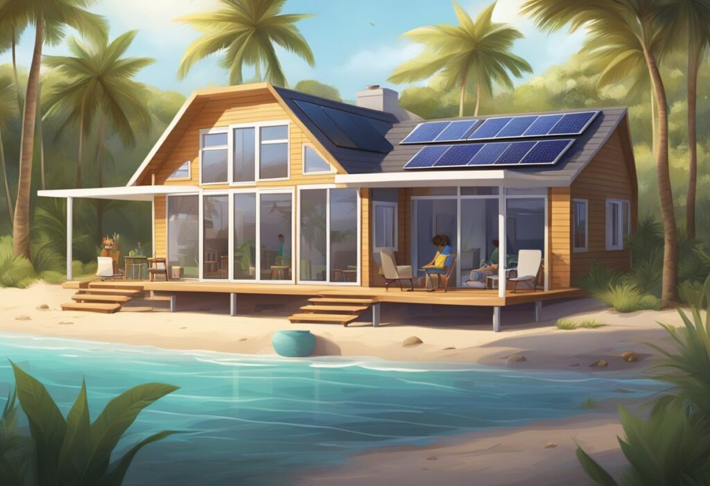 Uma casa de praia aconchegante com painéis solares, eletrodomésticos eficientes em energia e iluminação natural. Uma família desfrutando de atividades ao ar livre e utilizando dispositivos recarregáveis.