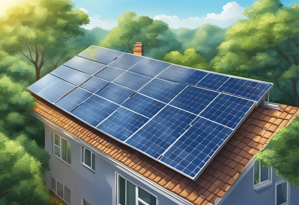 Um painel solar no telhado, cercado por vegetação exuberante e um céu azul claro, fornecendo energia para uma casa