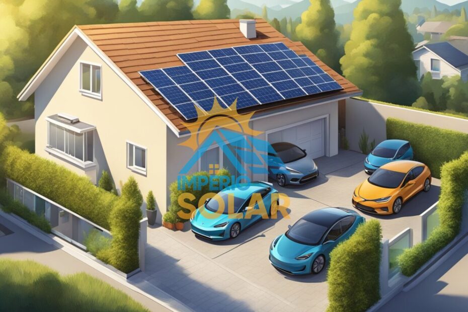 Um dia ensolarado com painéis solares no telhado, fornecendo energia para uma casa e carregando veículos elétricos na garagem