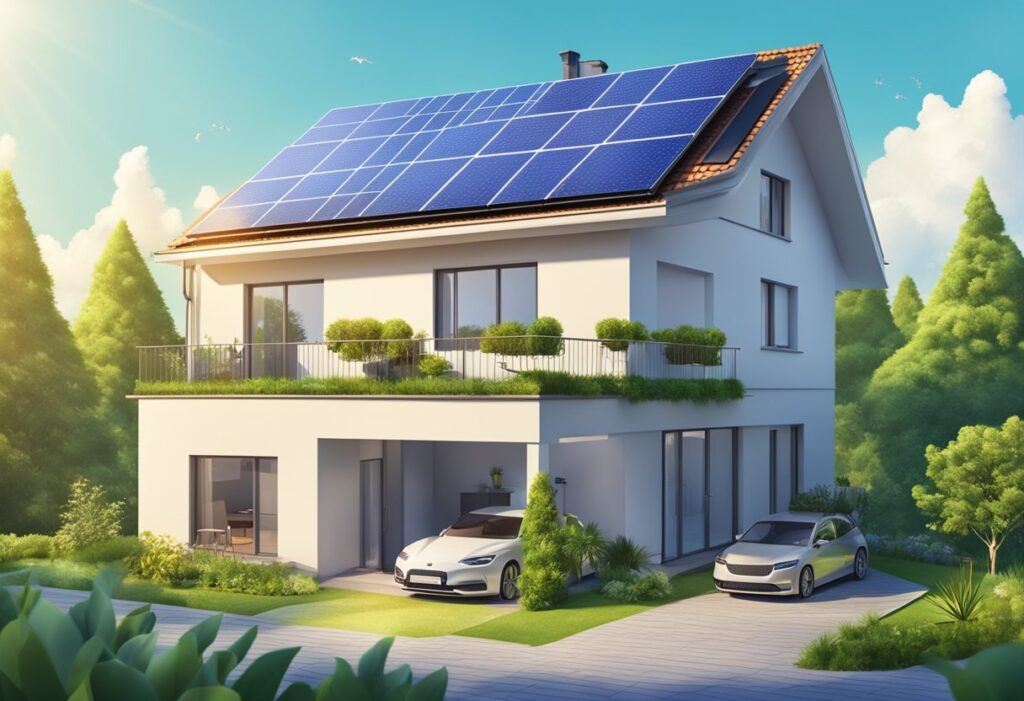 Uma casa de família com painéis solares no telhado, cercada por vegetação exuberante e céu azul claro, com vários aparelhos e dispositivos alimentados por energia solar