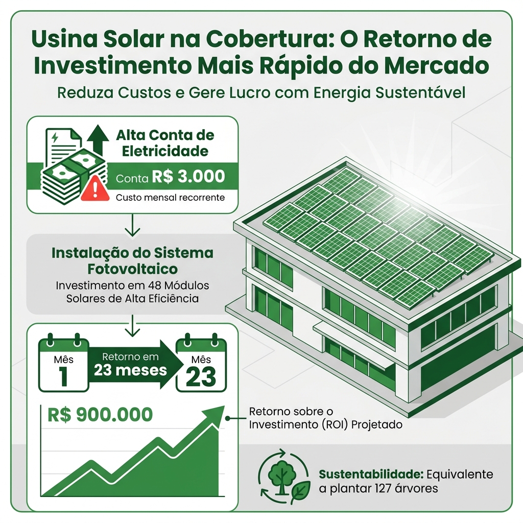 Infográfico mostrando payback de 23 meses e economia acumulada de R$ 900 mil ao longo de 25 anos