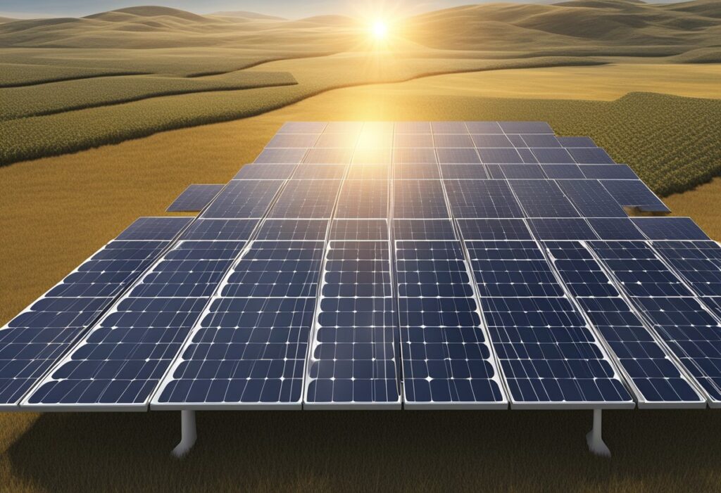 Um conjunto de painéis solares se estende por uma vasta paisagem, com o sol brilhando intensamente acima. Logos corporativos e símbolos regulatórios estão sutilmente integrados ao design.