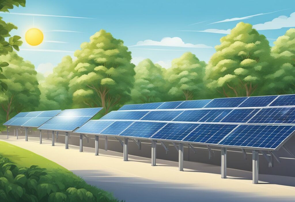 Um conjunto de painéis solares em um dia claro e ensolarado, cercado por vegetação e céus limpos e azuis. Os painéis estão organizados em filas, capturando a energia do sol para alimentar uma iniciativa corporativa sustentável ESG e Leed.