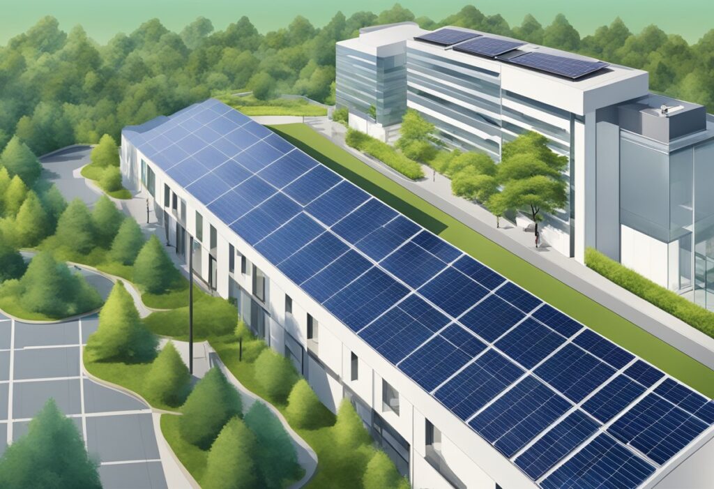 Um conjunto de painéis solares em um edifício corporativo, com céu azul claro e vegetação ao redor da área