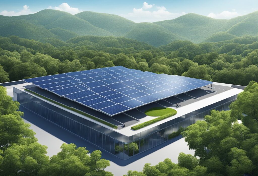 Um conjunto de painéis solares em um edifício corporativo, cercado por vegetação e céus azul claro. Exala uma sensação de sustentabilidade, regulamentação e transparência nas práticas corporativas de ESG.