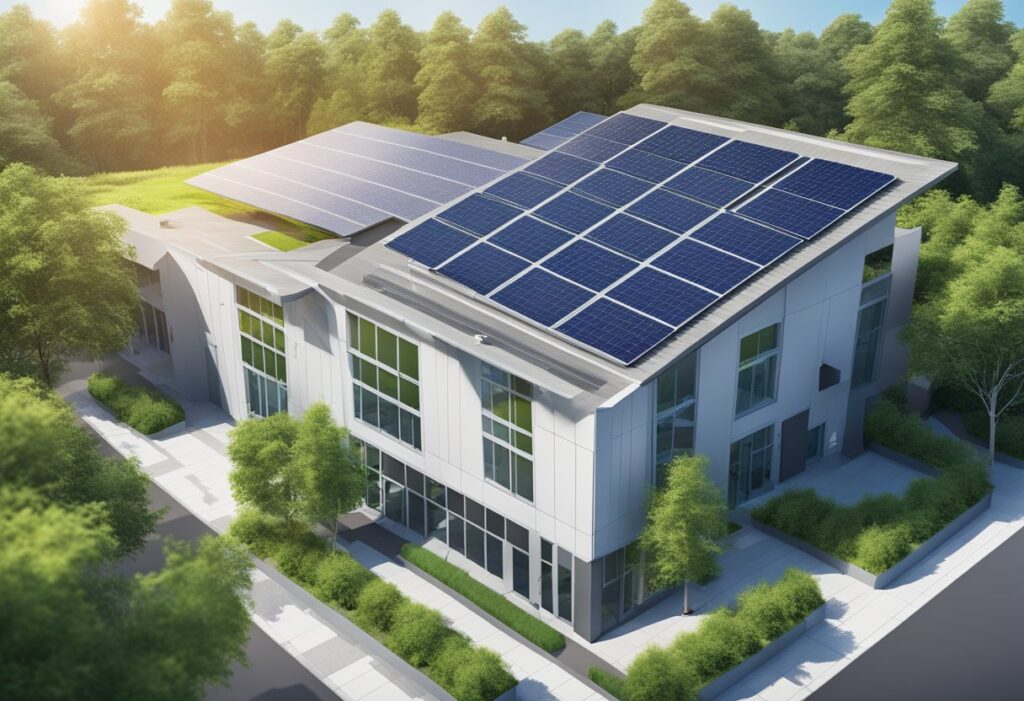 Um conjunto de painéis solares em um edifício corporativo, cercado por vegetação e céus limpos, com documentos regulatórios e relatórios de sustentabilidade exibidos nas proximidades.