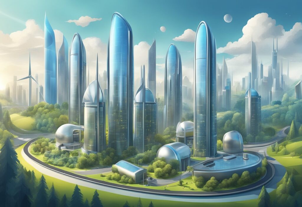 Um horizonte de cidade futurista com torres de armazenamento de energia metálicas e elegantes, alimentadas por baterias de nióbio, cercadas por fontes de energia limpa e renovável.