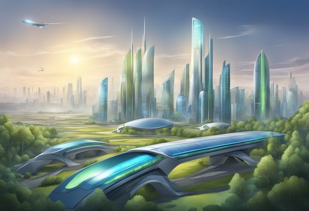 Um horizonte de cidade futurista com usinas de energia sustentáveis e elegantes, alimentadas por baterias inovadoras de nióbio.