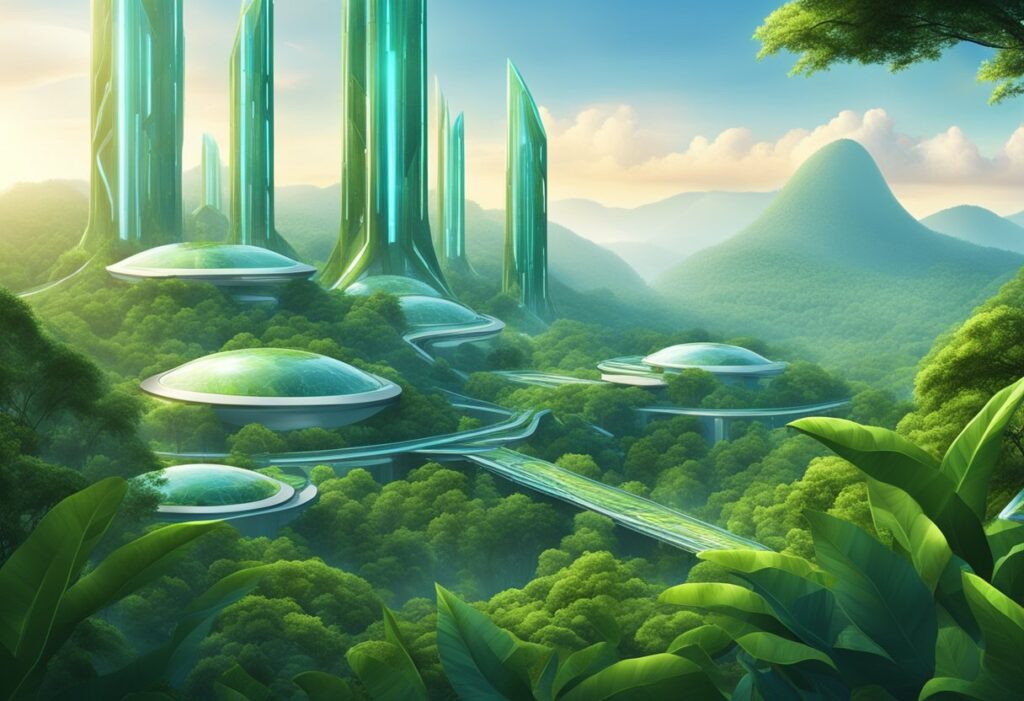 Uma paisagem futurista com estruturas metálicas elegantes e células de energia brilhantes alimentadas por nióbio, contra um pano de fundo de densa e verde floresta tropical brasileira.