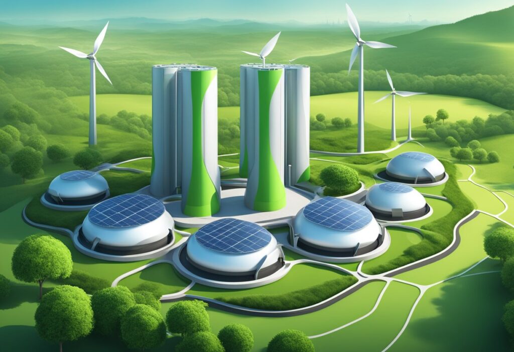 Uma usina de energia futurista com torres de baterias de nióbio, cercada por paisagens limpas e verdes, simbolizando as políticas e regulamentos inovadores de energia limpa do Brasil.