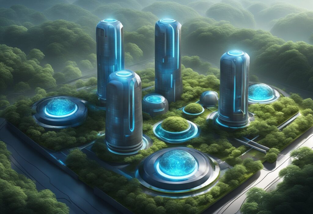 Uma usina de energia futurista com torres metálicas elegantes e células de energia azuis brilhantes, cercada por uma vegetação exuberante